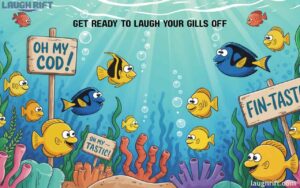 Colorful fish laughing underwater with funny signs and bubbles.