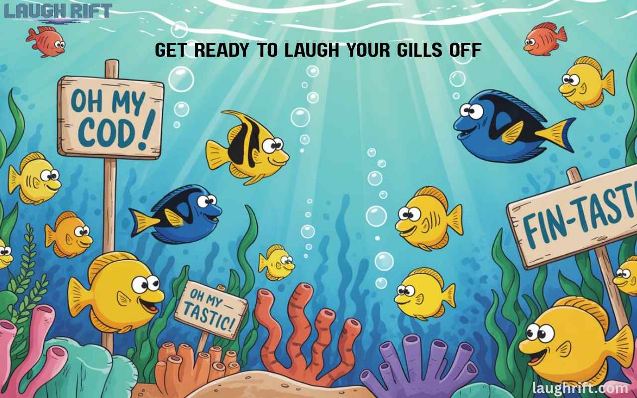 Colorful fish laughing underwater with funny signs and bubbles.
