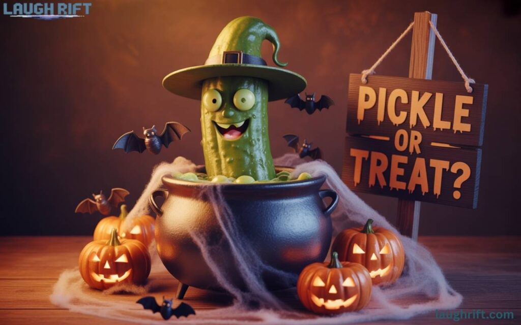 A spooky yet playful Halloween scene with a pickle dressed as a witch or goblin, sitting in a small cauldron or next to carved pumpkins. 
