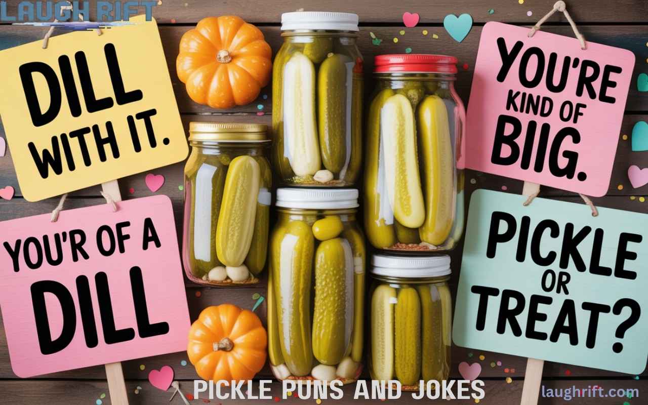 Pickle puns displayed with jars on wooden background.