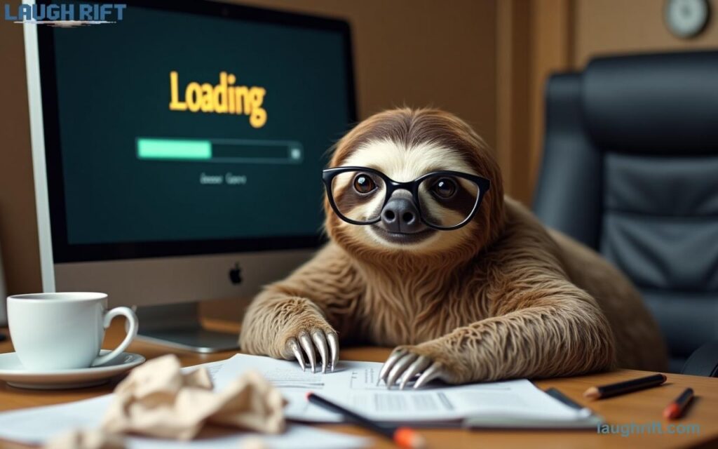 Funny sloth puns at work with a lazy office sloth at desk.