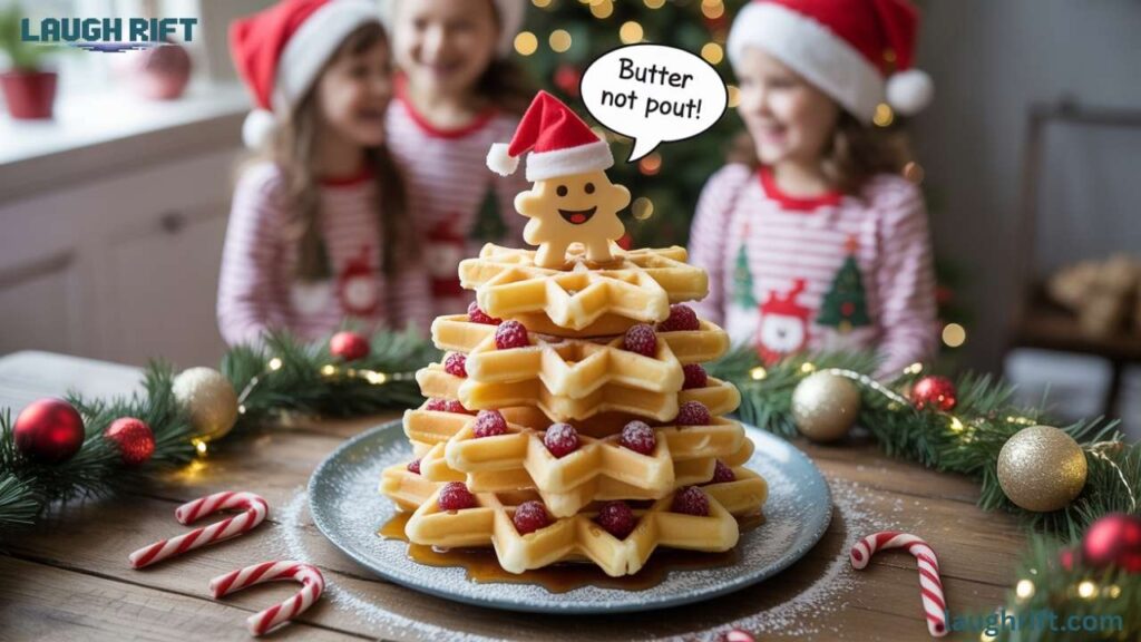 Christmas themed waffles and family enjoying breakfast