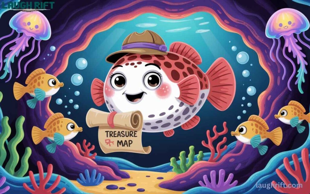 Cartoon fish on an underwater treasure hunt with maps, coral, and glowing sea creatures.