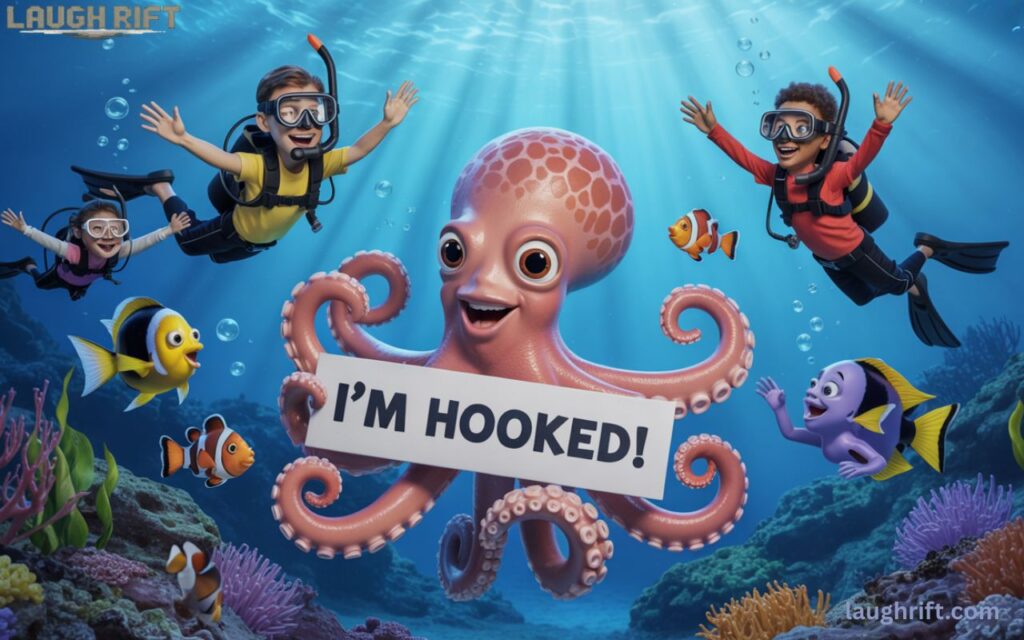 Colorful underwater scene with smiling fish and laughing people sharing puns.