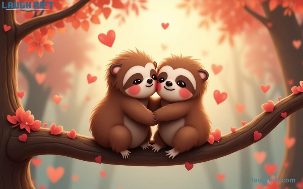 Cute sloths hugging on a tree branch with hearts, sharing flirty lines for tree huggers in love.