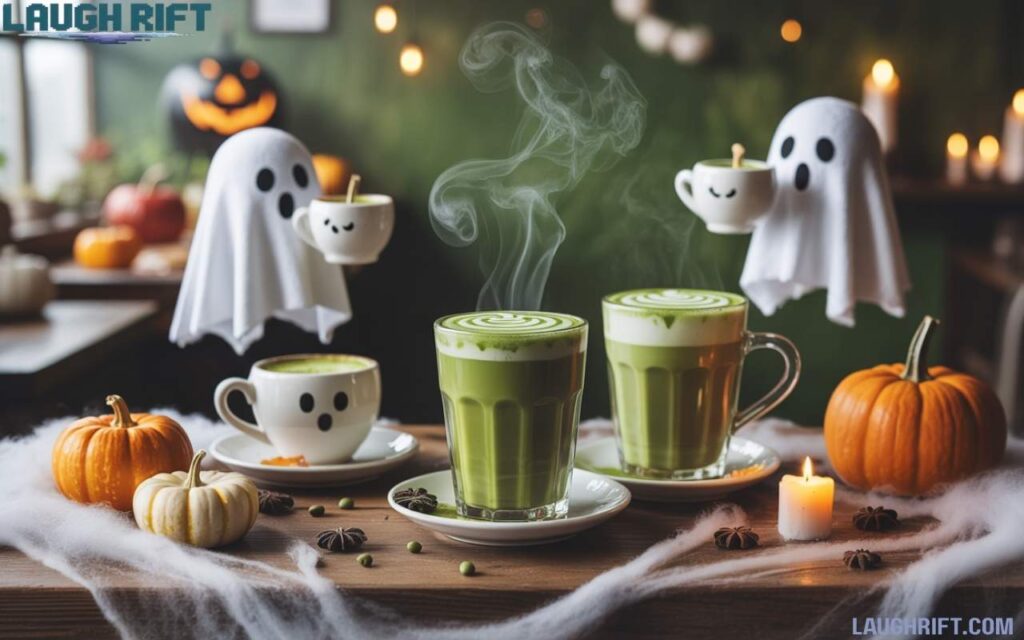 Cute Halloween matcha latte scene with ghosts pumpkins and green steam in a cozy café.