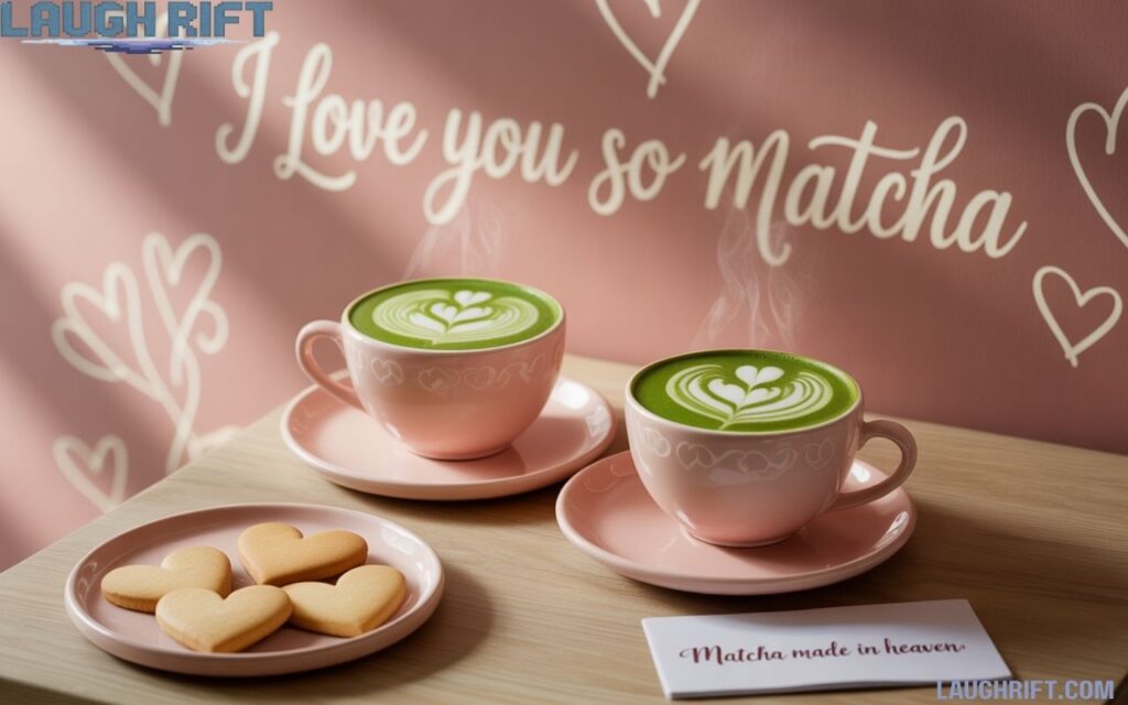 Romantic matcha latte scene with love themed matcha puns

