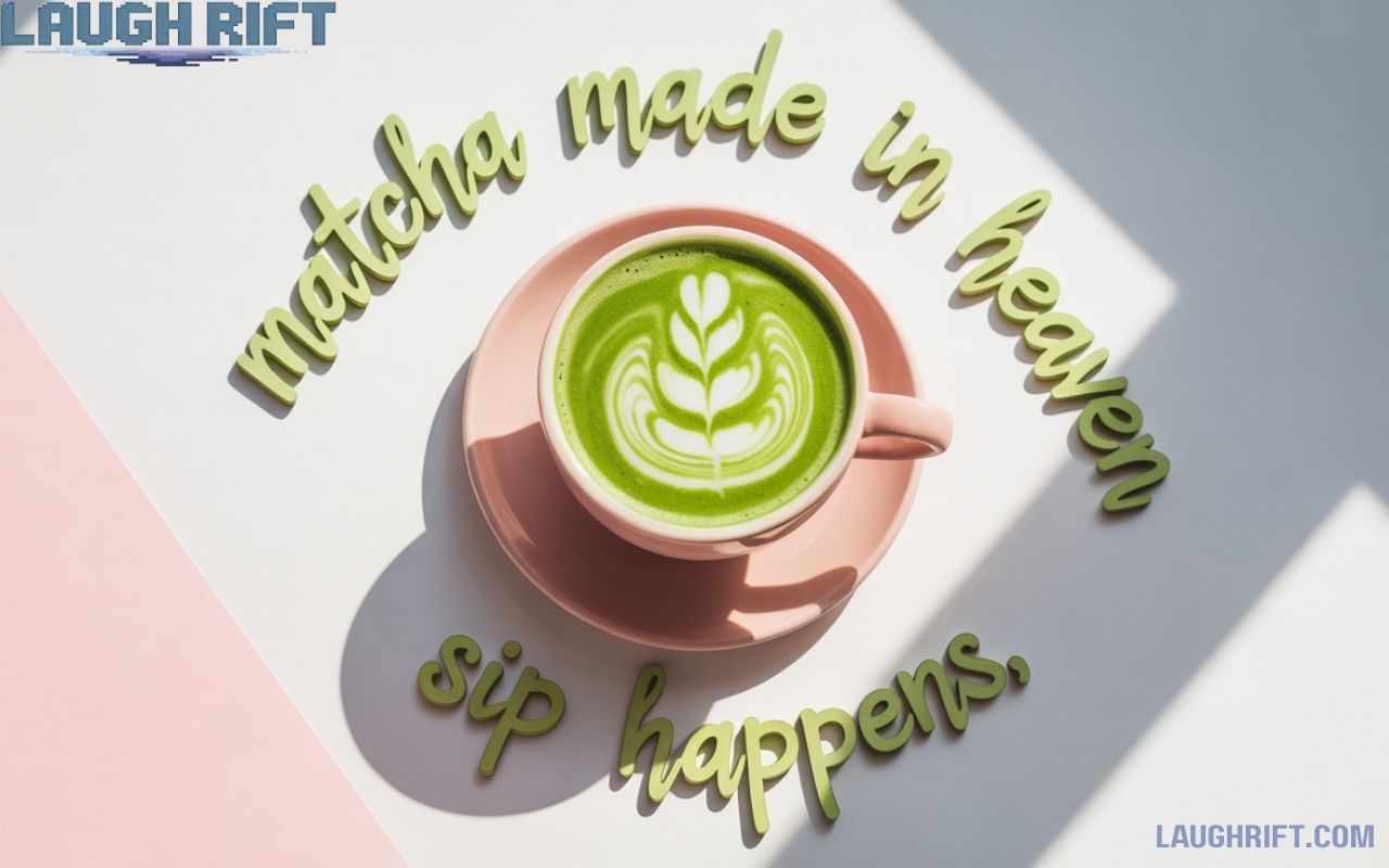 Fun flat lay with matcha latte and cute matcha puns