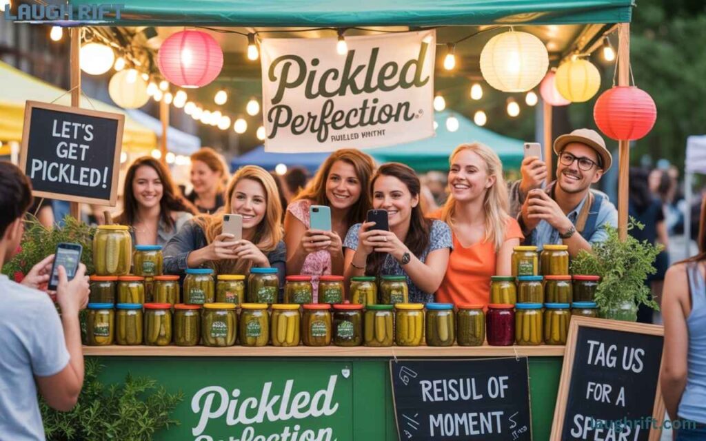 Pickle stand with fun signs and people taking photos.