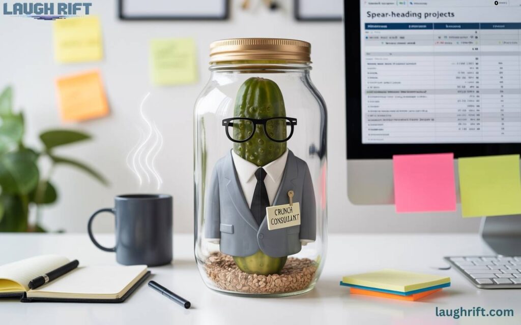 Pickle profession puns with office themed jar setup.