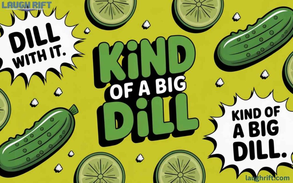 Short pickle puns with sliced pickles and bold signs.