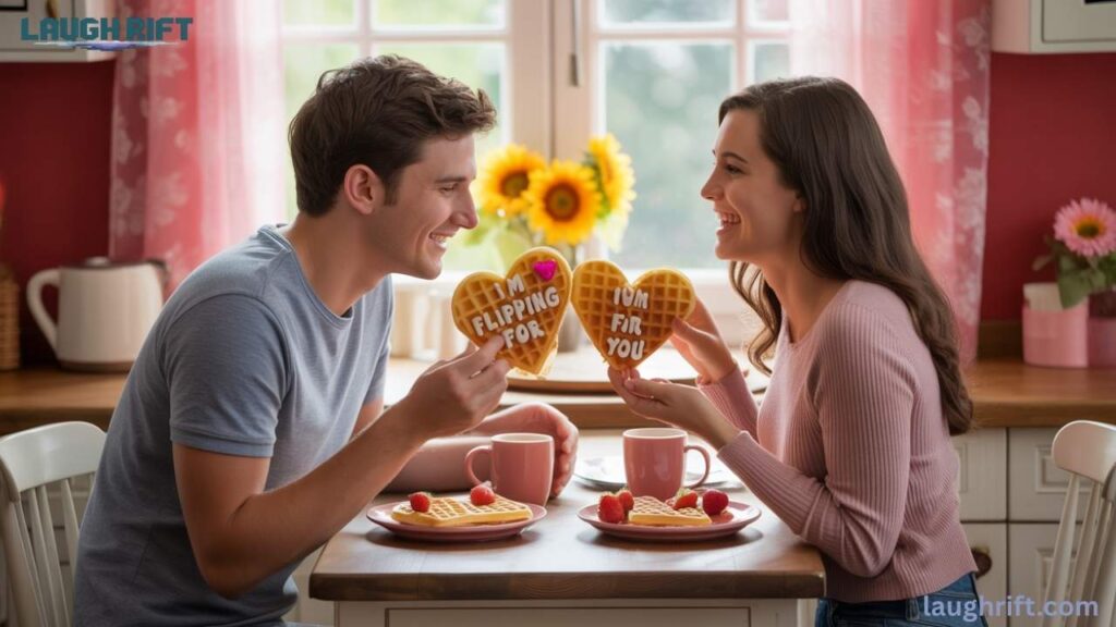 Couple laughing over romantic waffle puns and heart shaped waffles
