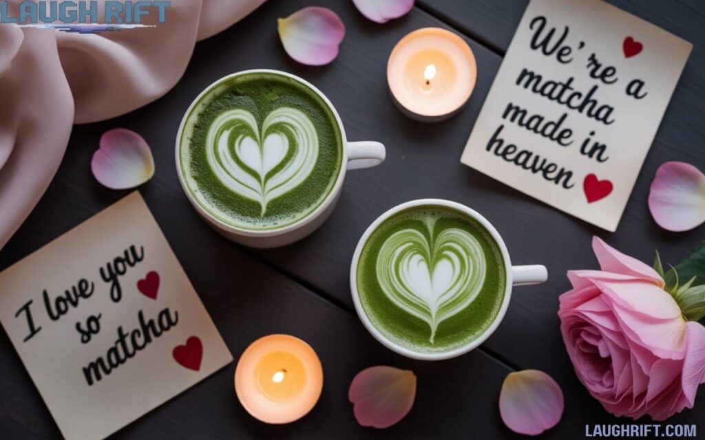 Romantic matcha scene with heart details and handwritten love notes