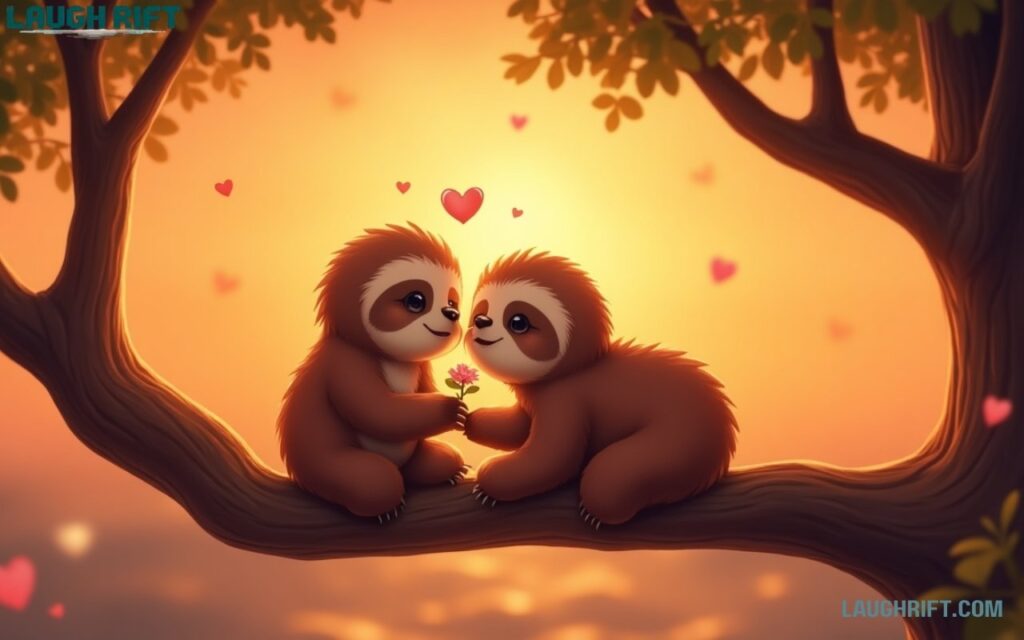 Romantic sloth couple cuddling on a tree branch with hearts around them.