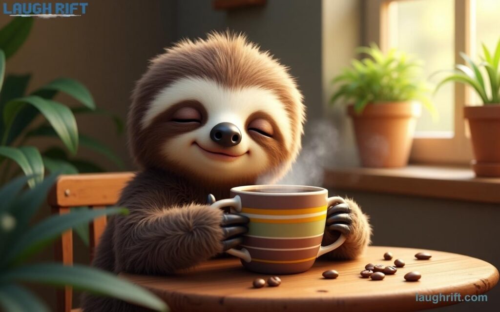 Cute sloth with coffee for sloth puns and lazy café vibes.