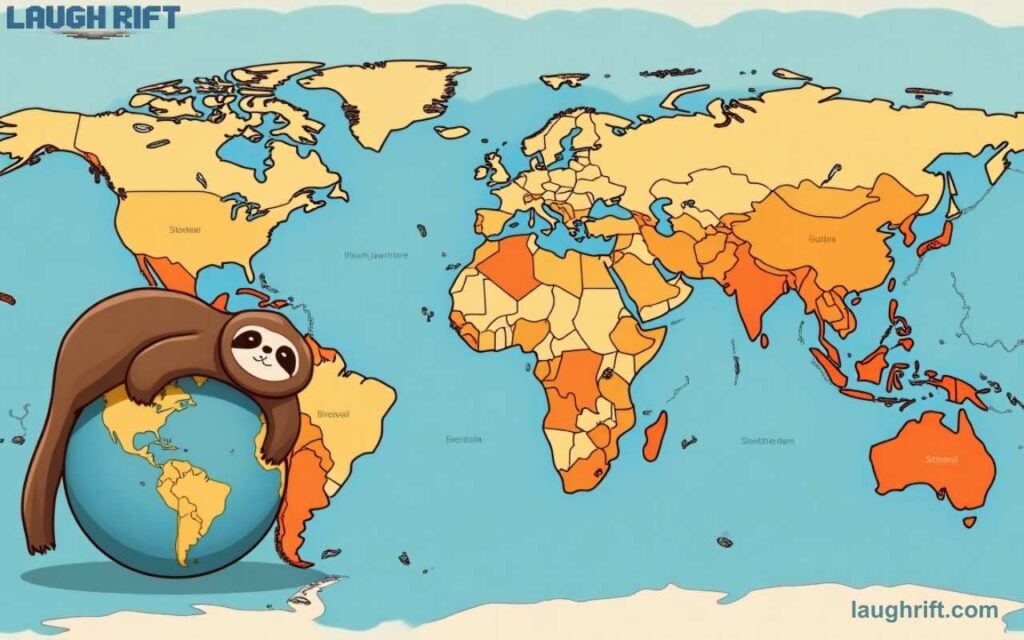 Lazy travel map with fun destinations like Slothwaii, Mount Yawnmore, and Slothsterdam.