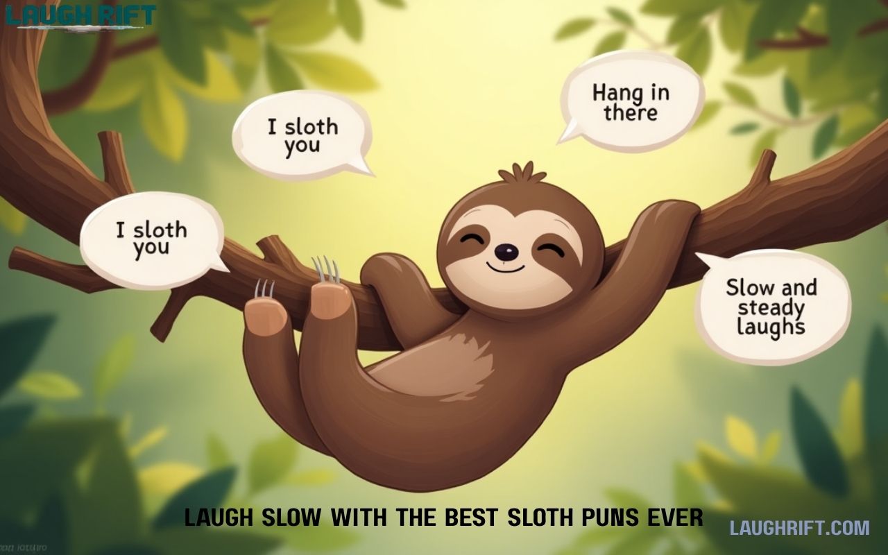 Cartoon sloth smiling and hanging from a tree branch with playful pun speech bubbles around it.