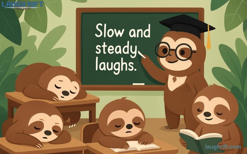 Funny classroom scene with sloths learning slow subjects like slow gebra, perfect for sloth puns and back-to-school laughs.