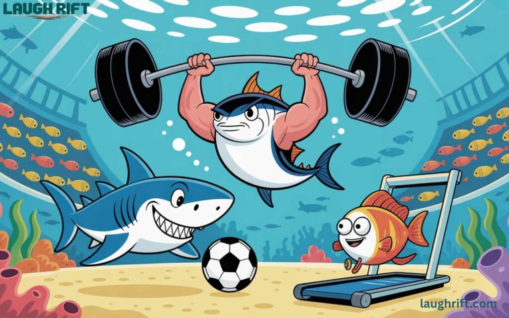 Cartoon fish doing athletic activities like weightlifting and soccer underwater.