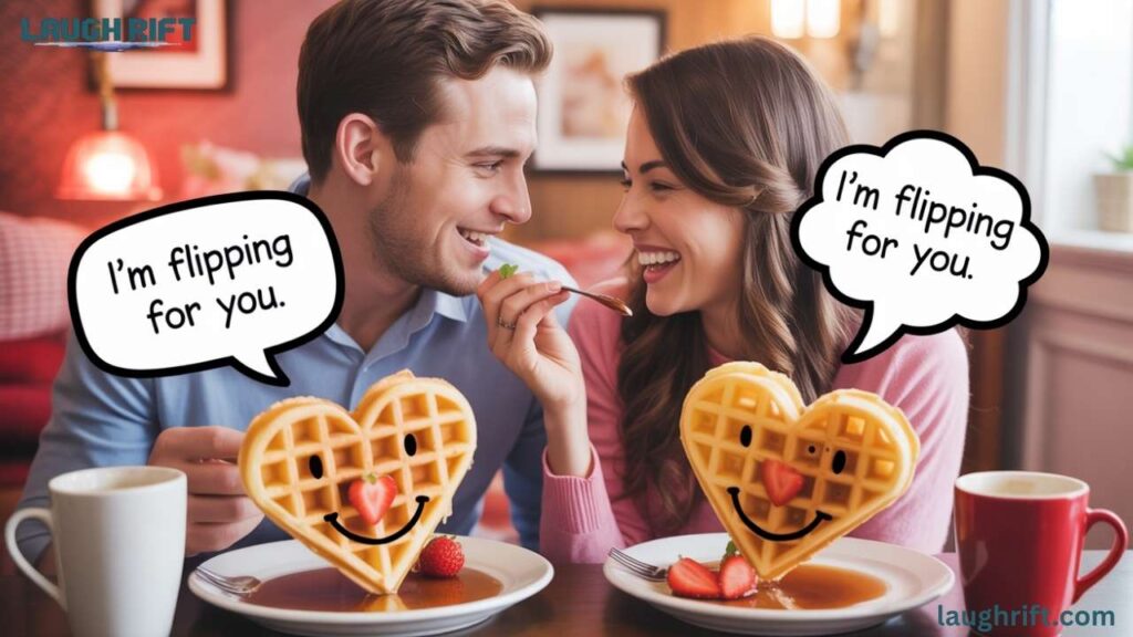 Cute waffle puns with boyfriend and girlfriend laughing over heart shaped waffles
