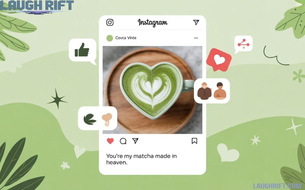 Social media post mockup of a heart latte with a pun and high engagement

