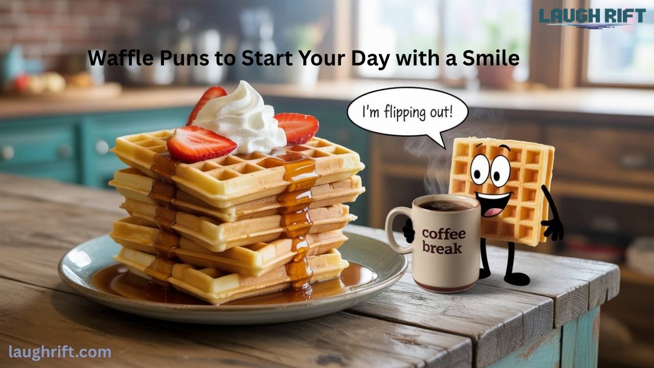 waffle puns with a stack of syrupy waffles on breakfast table