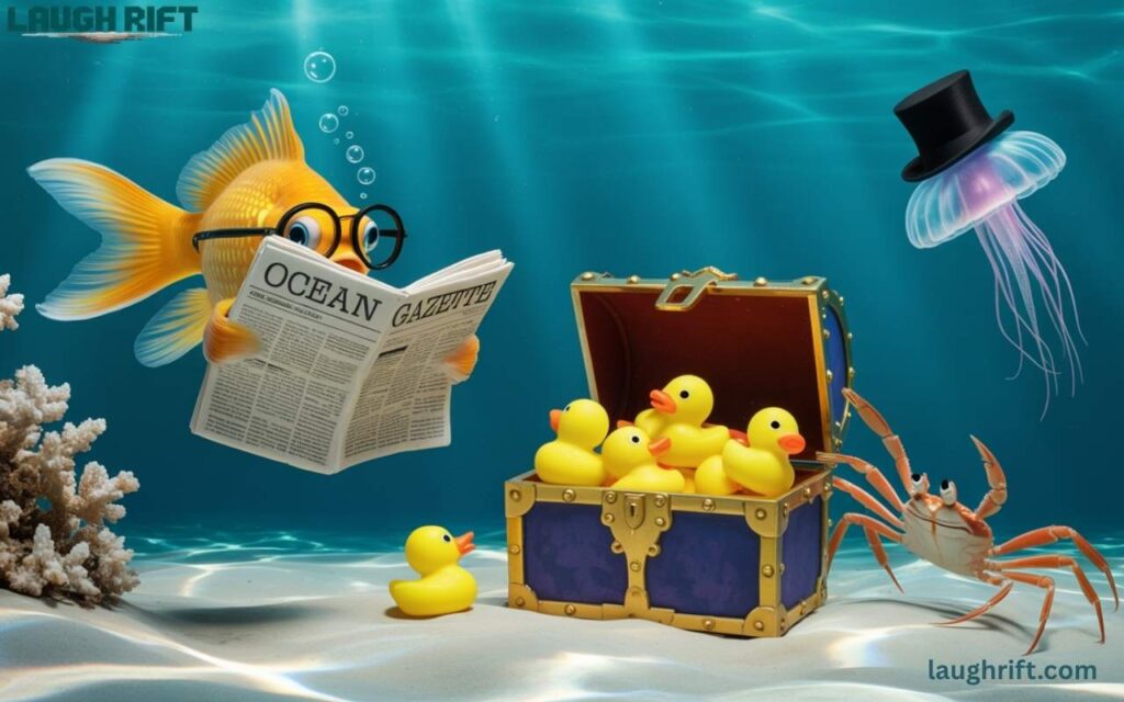 Funny underwater scene with quirky sea creatures doing odd human like things.