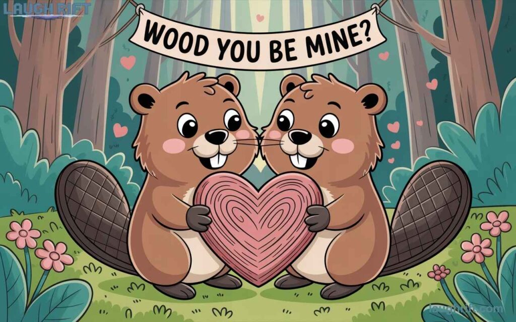 Cartoon beaver giving a heart shaped log to another in a romantic woodland scene.