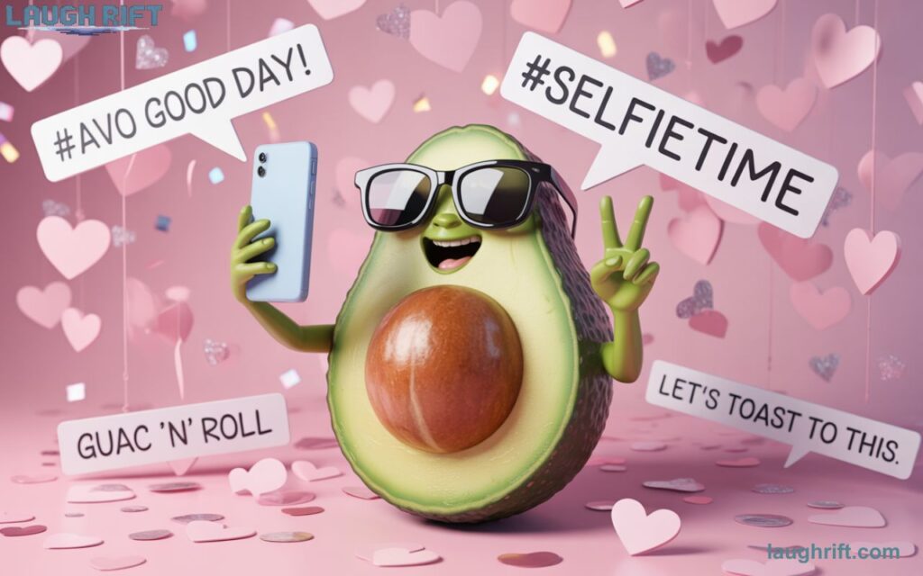 Cute avocado cartoon taking selfies with Instagram style pun captions and social icons