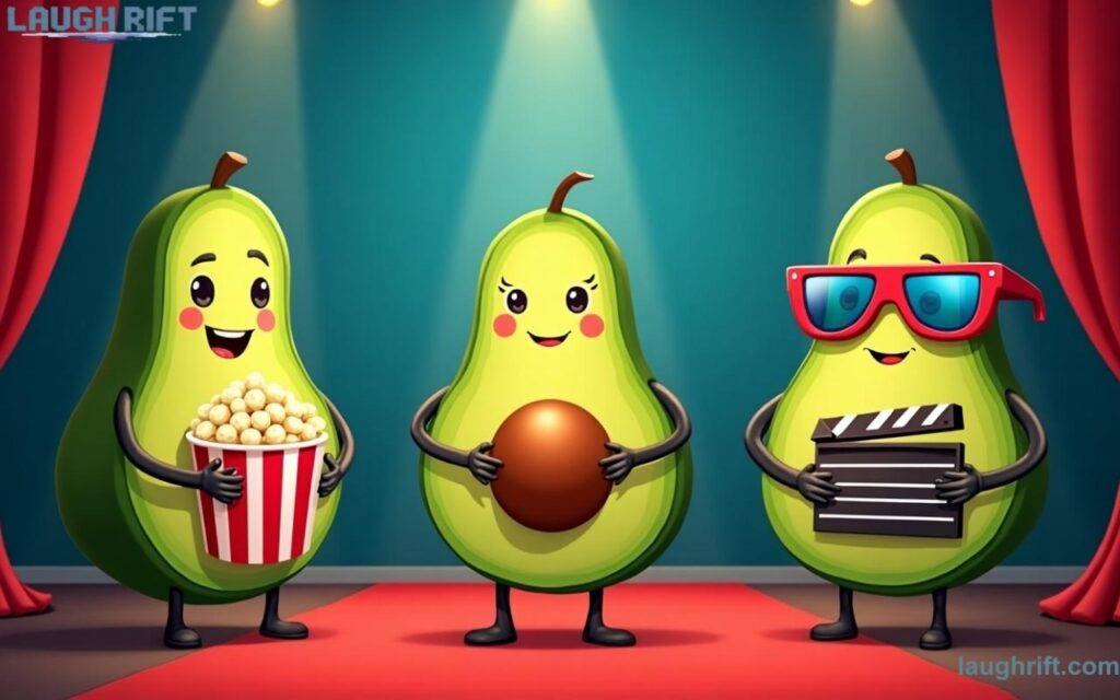 Cartoon avocados in movie costumes with pop culture puns like “Jurassic Guac” and “Avengers: Guacgame”