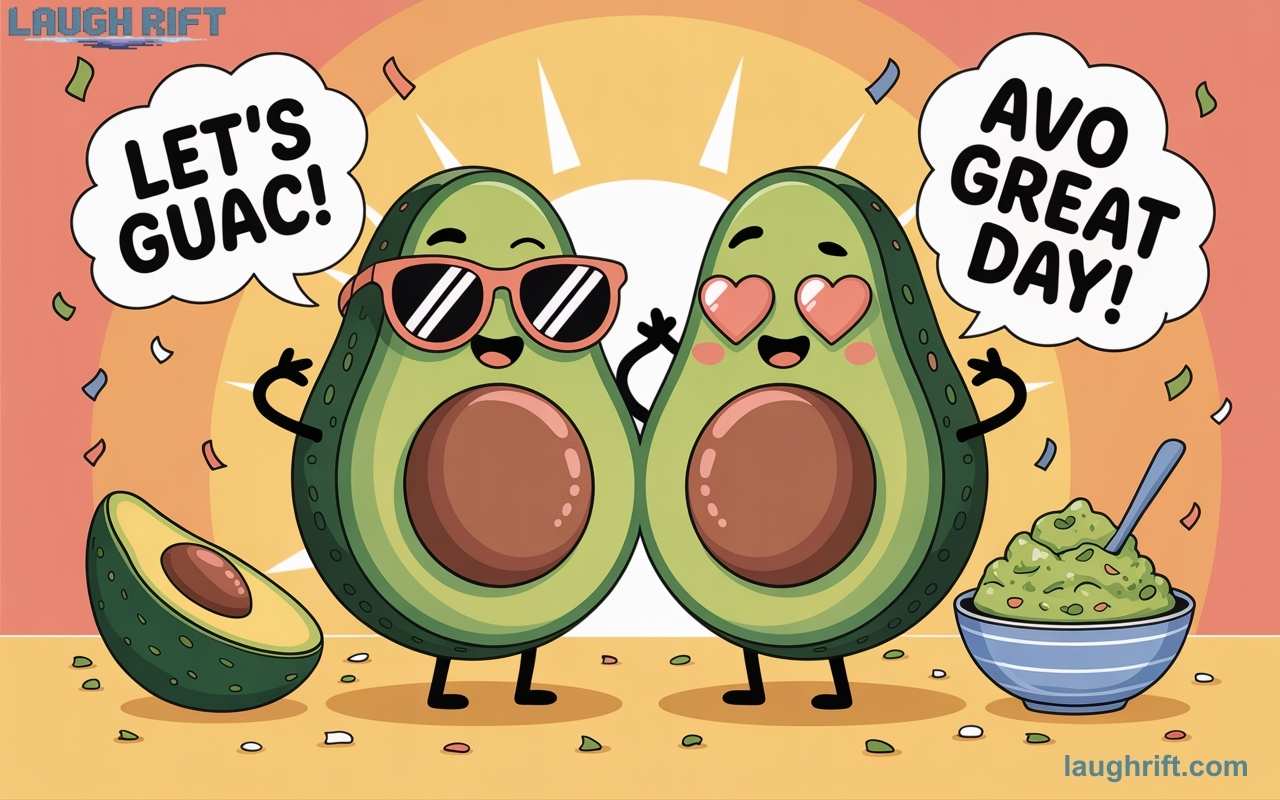 Funny cartoon avocados with pun captions for avocado puns article