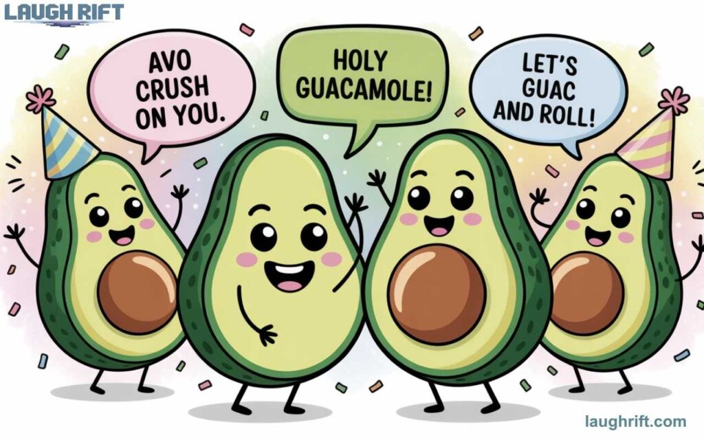 Cartoon avocados with pun captions like “Let’s guac and roll” and “Avo crush on you”
