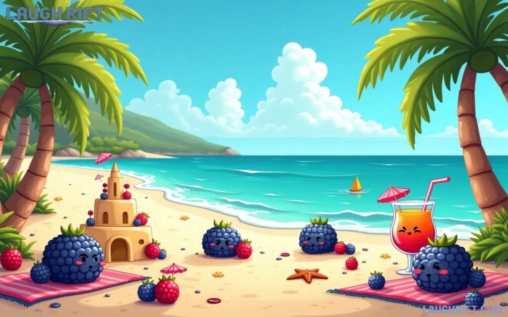 Cartoon blackberries and blueberries bathing and resting at a beach with waves and palm trees.