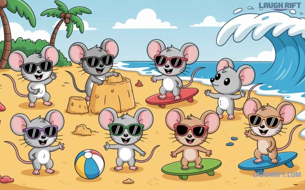 Cartoon mice at the beach playing and relaxing for beach.