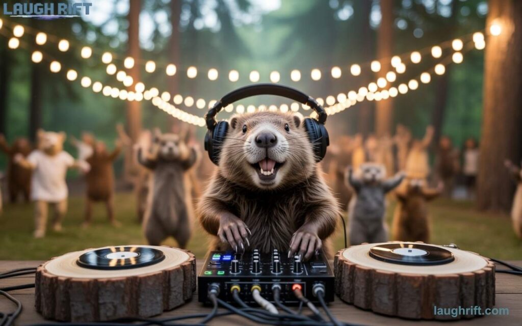 Party beaver DJ spinning log records at a forest celebration.