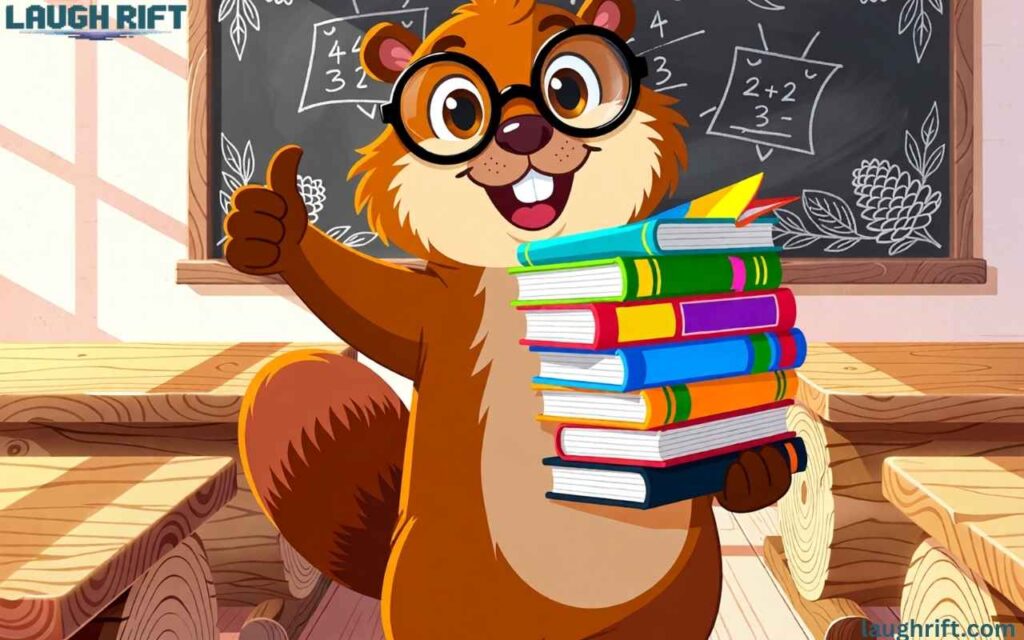 Cartoon woodland animal instructor teaching young students in a classroom.