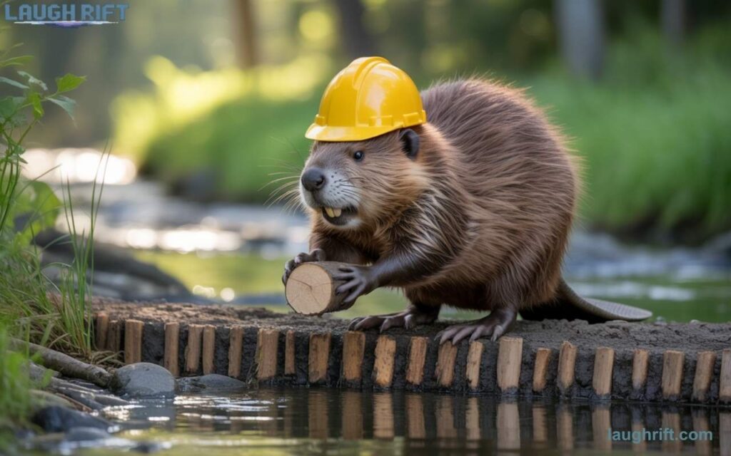 Hardworking beaver building a dam with wood and determination.