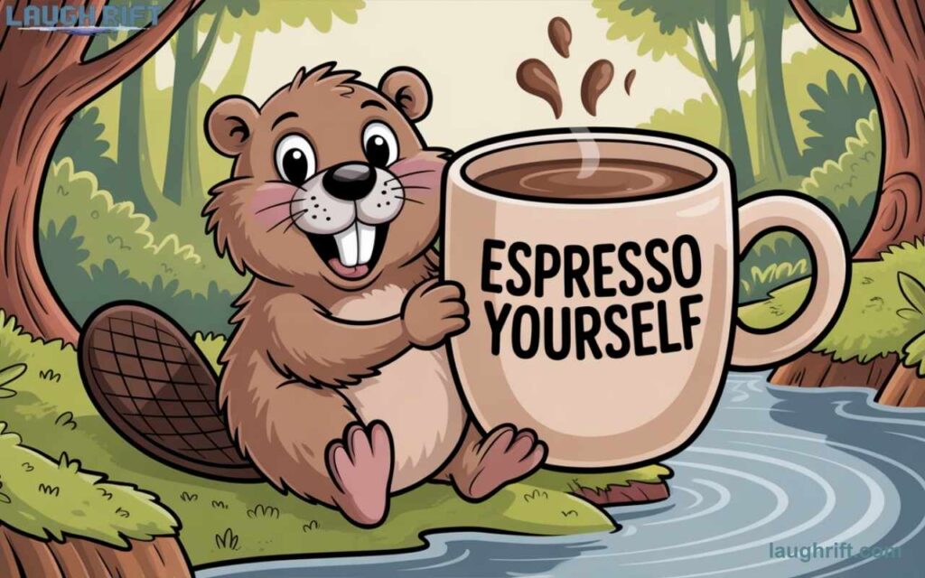 Funny cartoon beaver sipping coffee with a punny expression, perfect for beaver puns and humorous social media captions