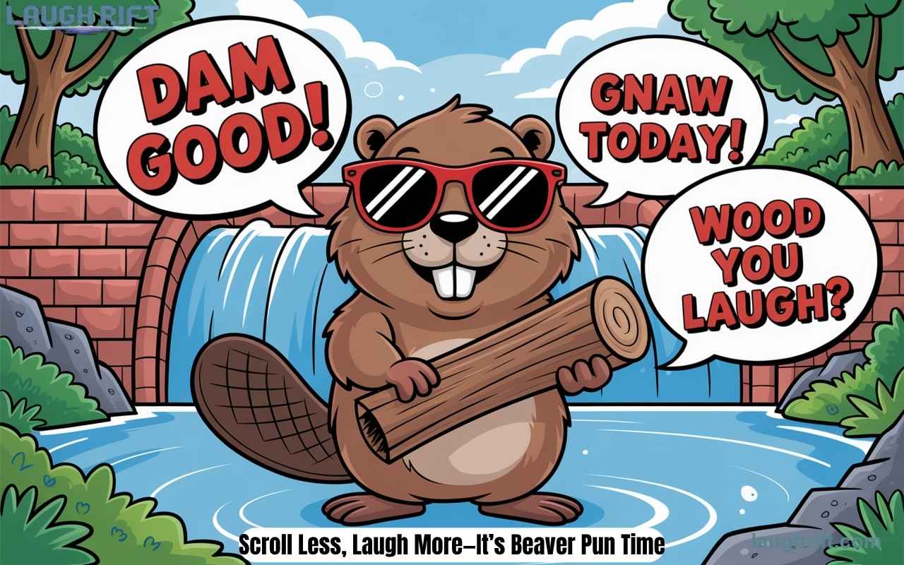 Funny cartoon beaver with log and dam background featuring playful beaver puns and jokes in comic style captions.