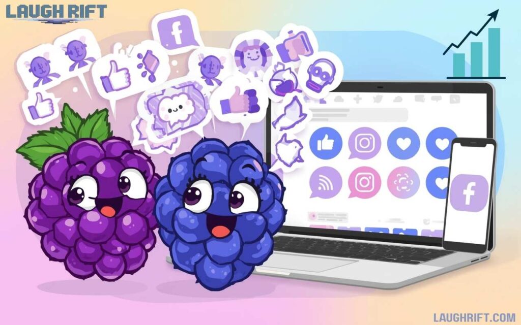 Cartoon blackberries and blueberries engaging with social media posts to show online impact of berry puns.