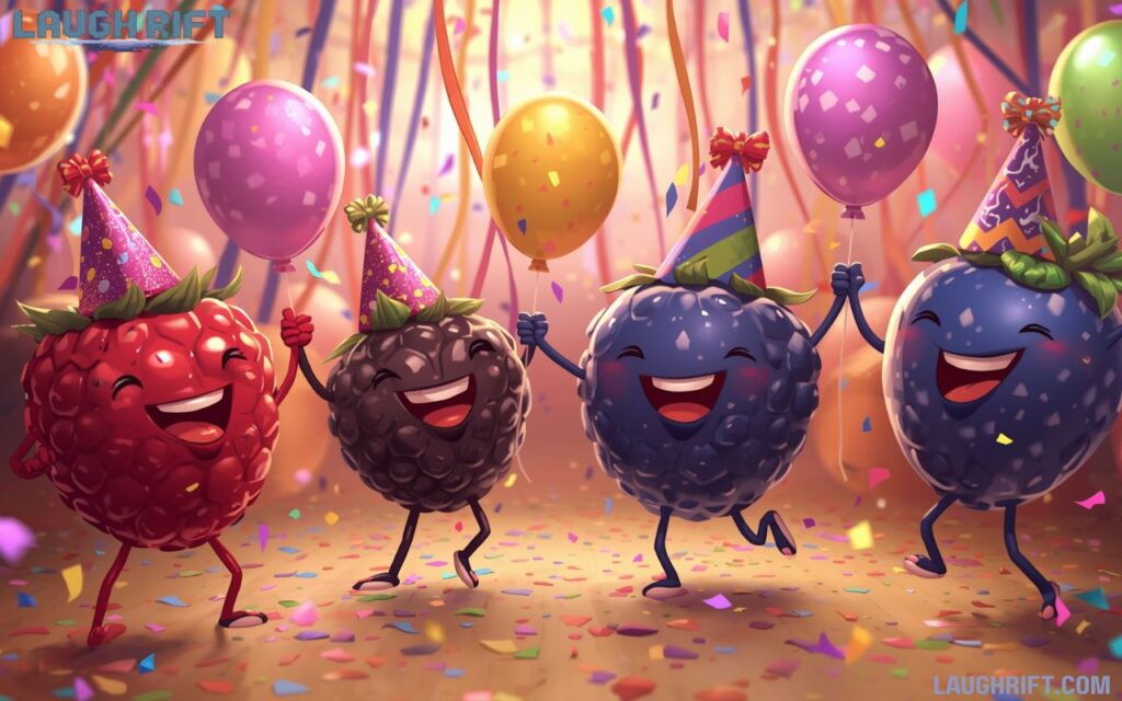Cartoon blackberries and blueberries celebrating with party hats, balloons, and confetti for berry-themed fun.