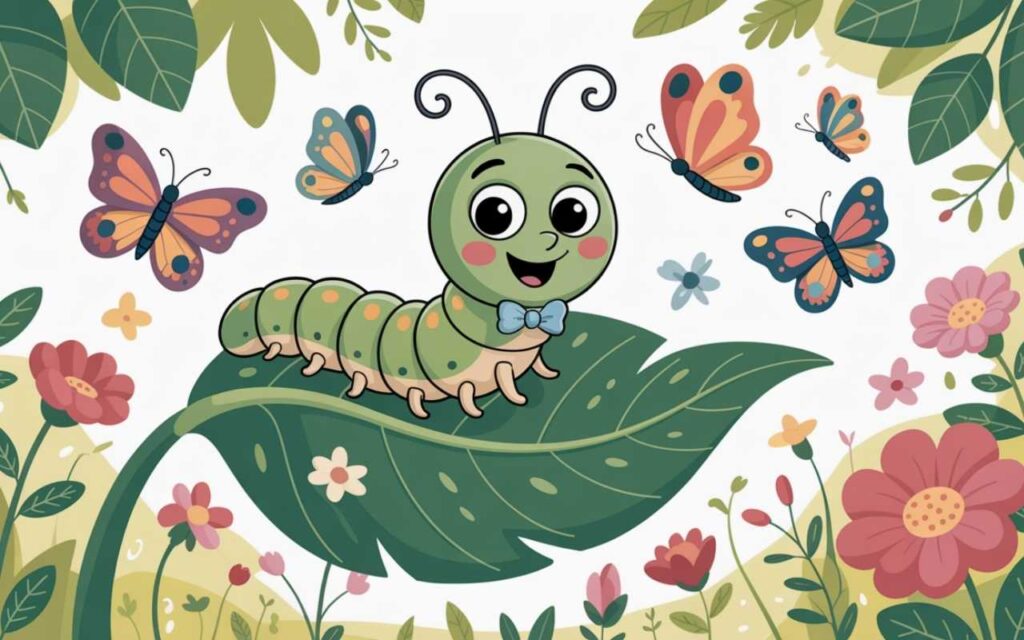 Best caterpillar puns that will make you crawl into laughter with a cute cartoon caterpillar, butterflies, and nature background.