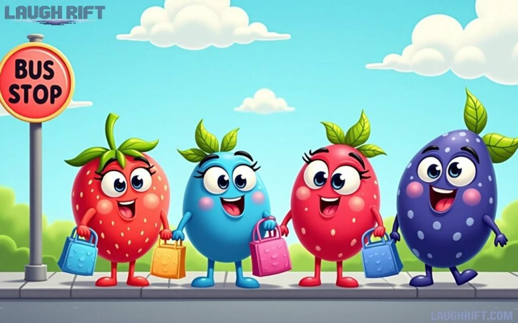 Cartoon berries waiting at a bus stop with cheerful expressions.