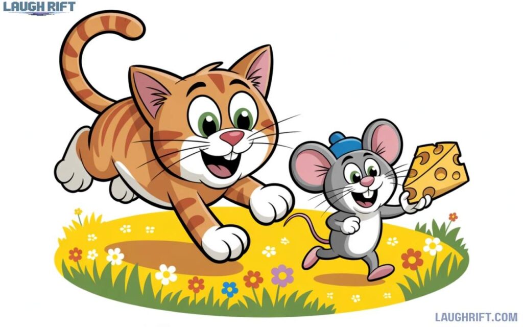 Cartoon cat and mouse playing together for humor.