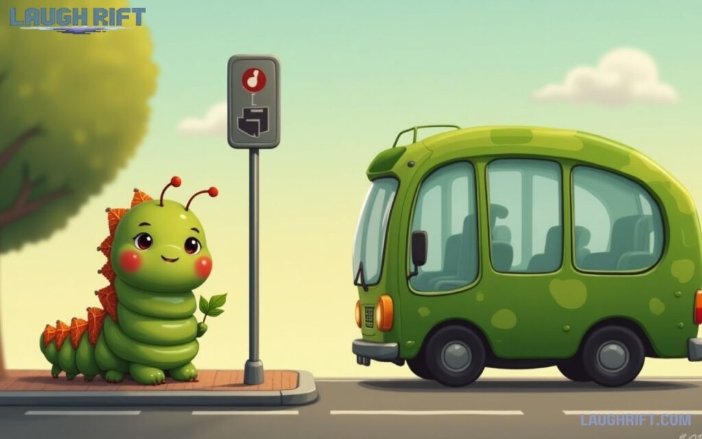 Cartoon caterpillar waiting at a leaf-shaped bus stop with a leaf bus arriving.