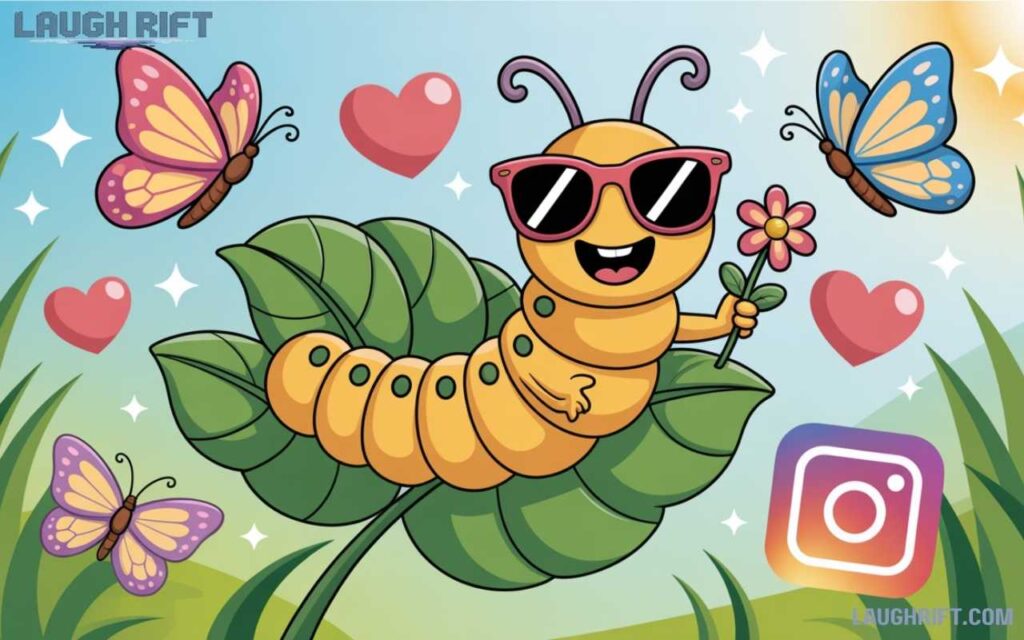 Cool cartoon caterpillar on a leaf with butterflies and hearts in Instagram-style design.