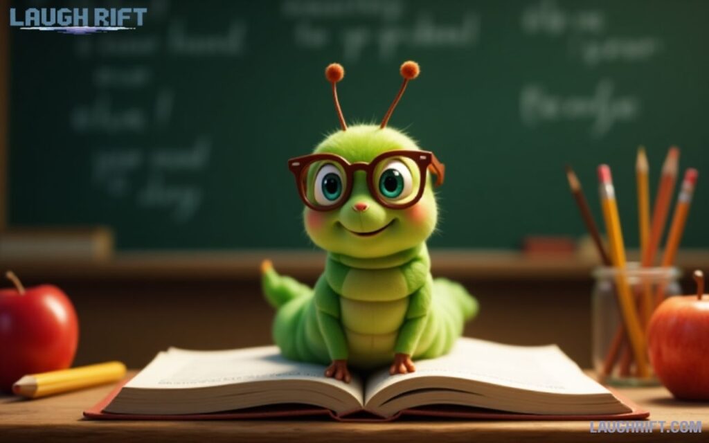 With glasses on a book in a classroom with chalkboard showing jokes.
