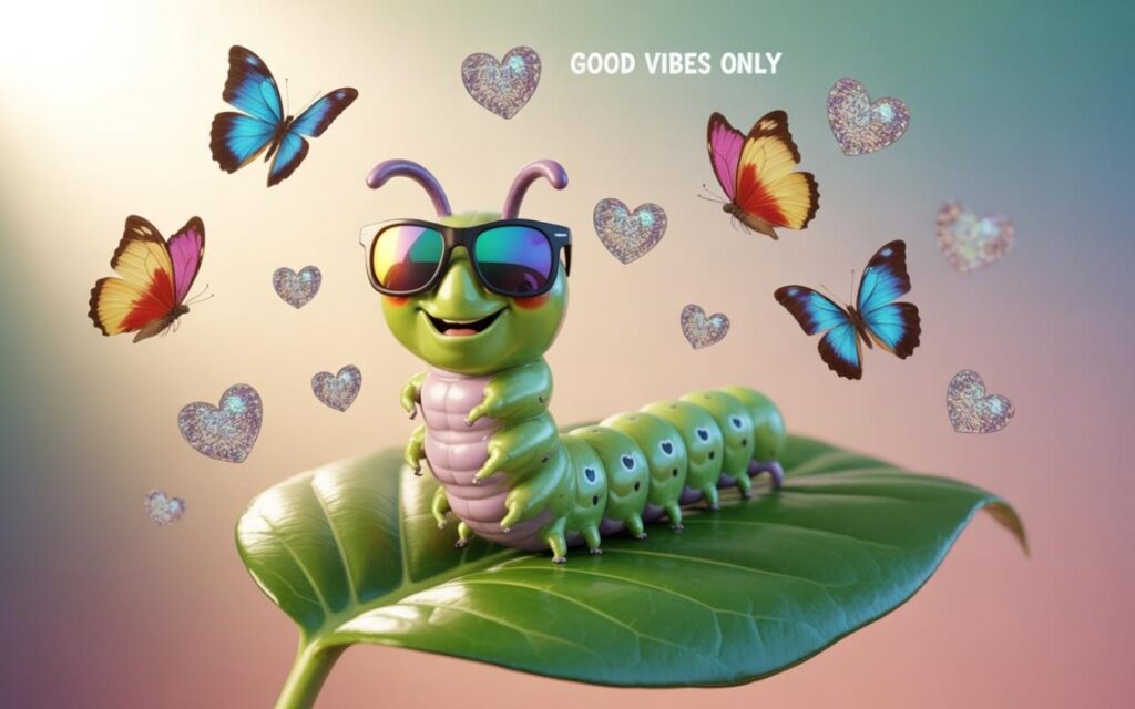 Cute cartoon caterpillar laughing while sitting on a big green leaf.