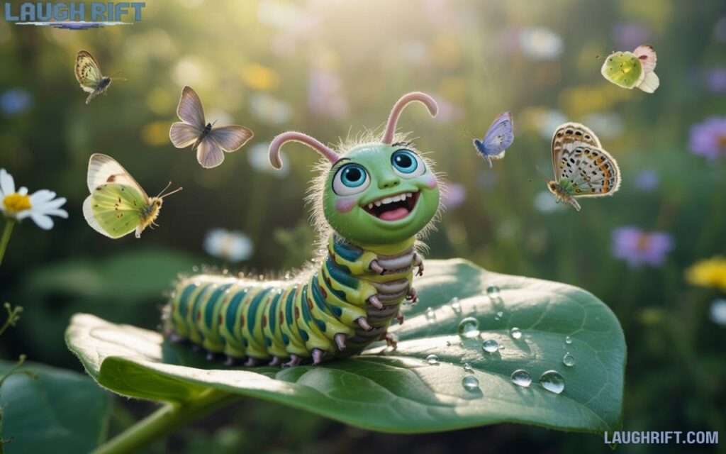 A cute green cartoon caterpillar with a big smile.