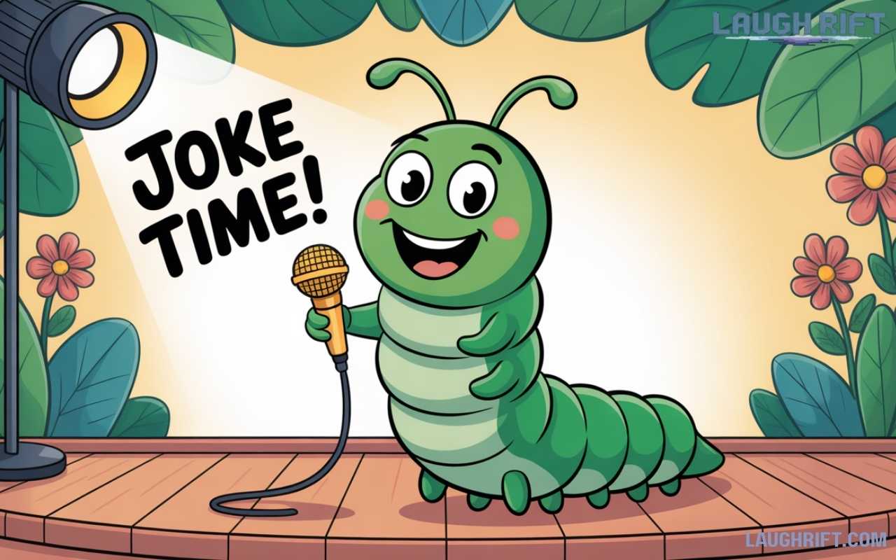Cartoon caterpillar telling funny one liners on stage